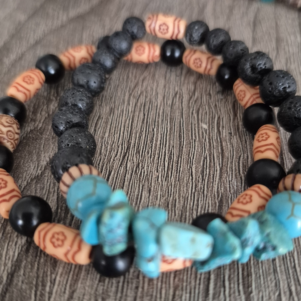 Black Lava Rock And Turquoise Braclet Set !!